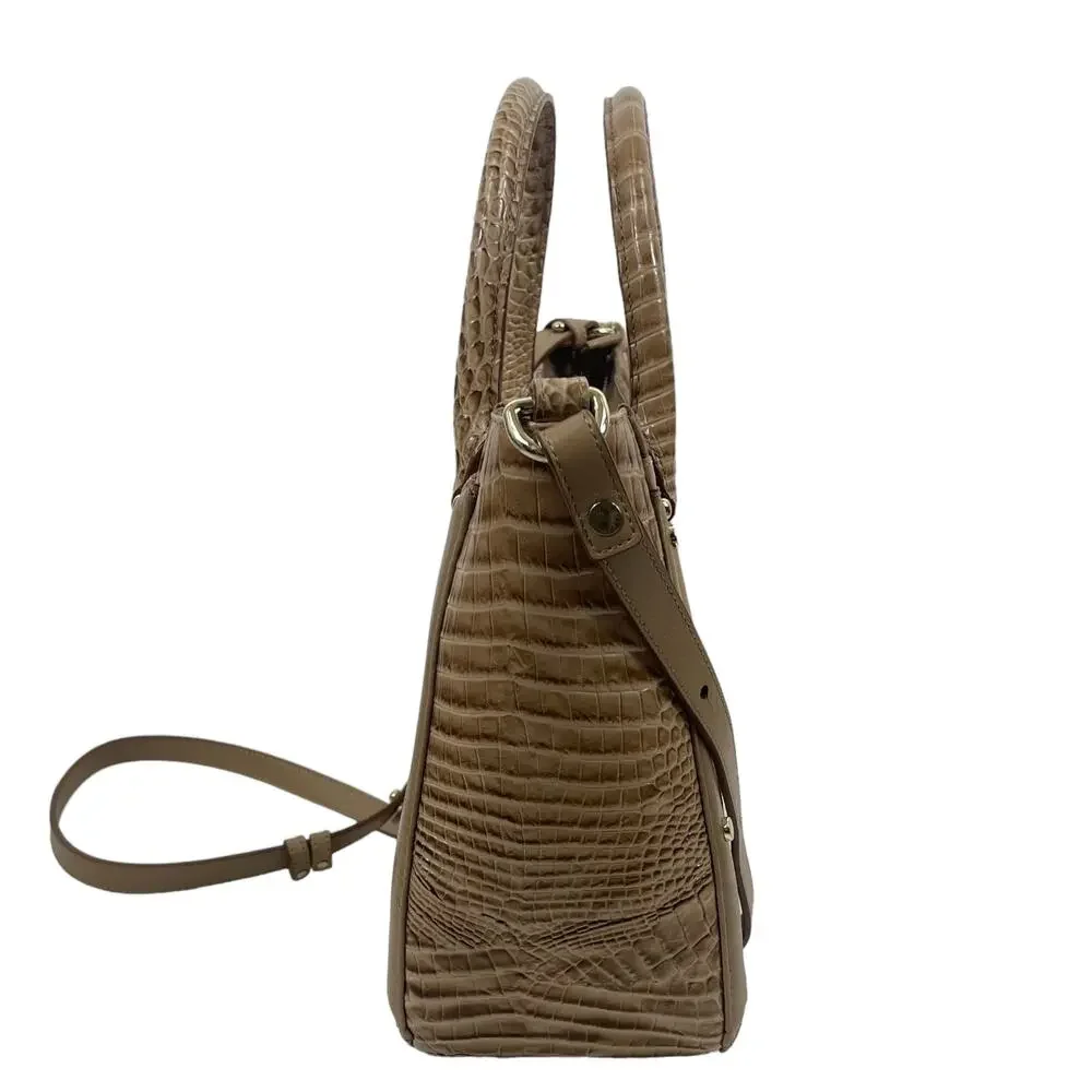 Brahmin Small Lena Satchel Bag Travertine Brevik Croc Embossed Suede Tan